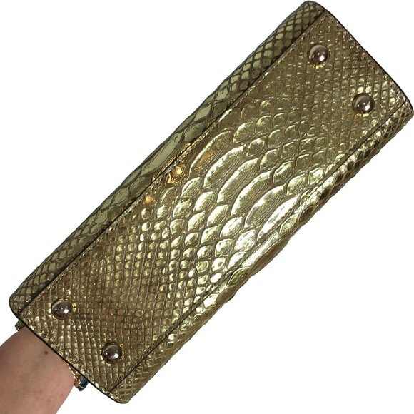 Henri Bendel Small Snakeskin Handbag Metallic Gold Faux Leather Evening Party - Picture 6 of 10